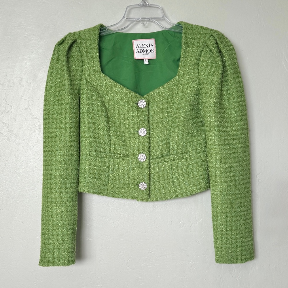 ALEXIA ADMOR Rowan Tweed Sweetheart Puff Sleeve Cropped Jacket in Green Size 2